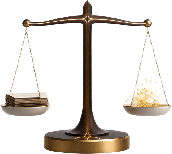 Balance de la justice : un plateau de documents, un plateau de particules de données